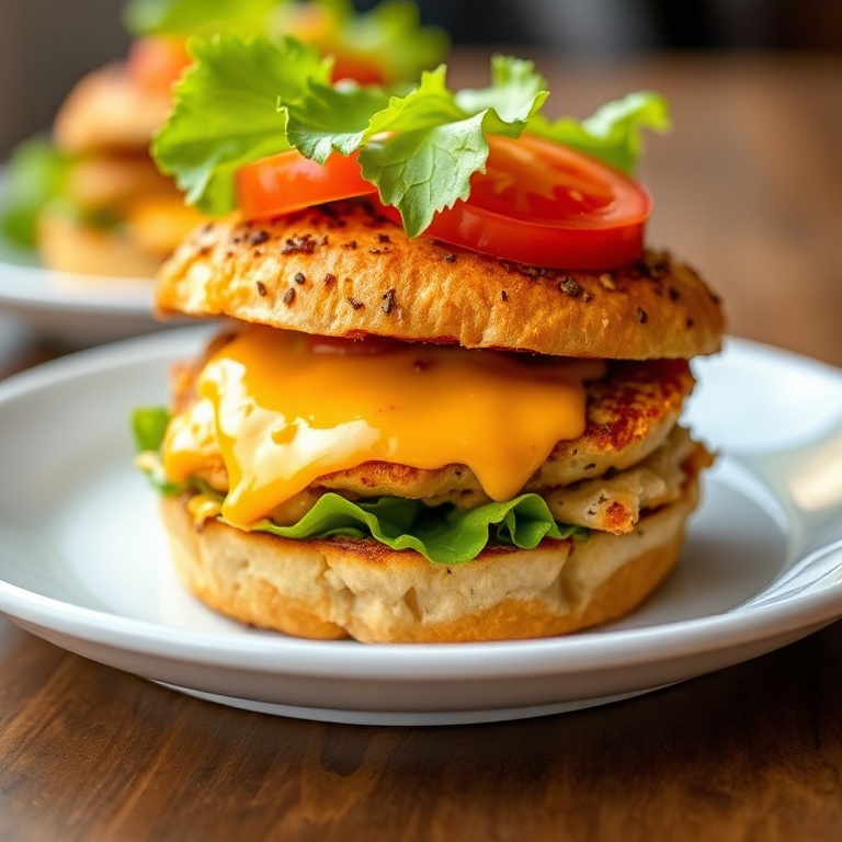 Perfectly plated Cheddar Ranch Chicken Burger with crispy crust, melty cheese, and fresh toppings. Garnished with lettuce and tomato. Close crop on a white plate. Warm side lighting showing texture.