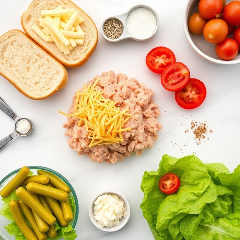 Raw ground chicken, cheddar cheese, ranch seasoning, buns, lettuce, tomatoes, and pickles arranged as an overhead flat lay. Measuring spoons and bowls visible. White marble surface. Bright even light.