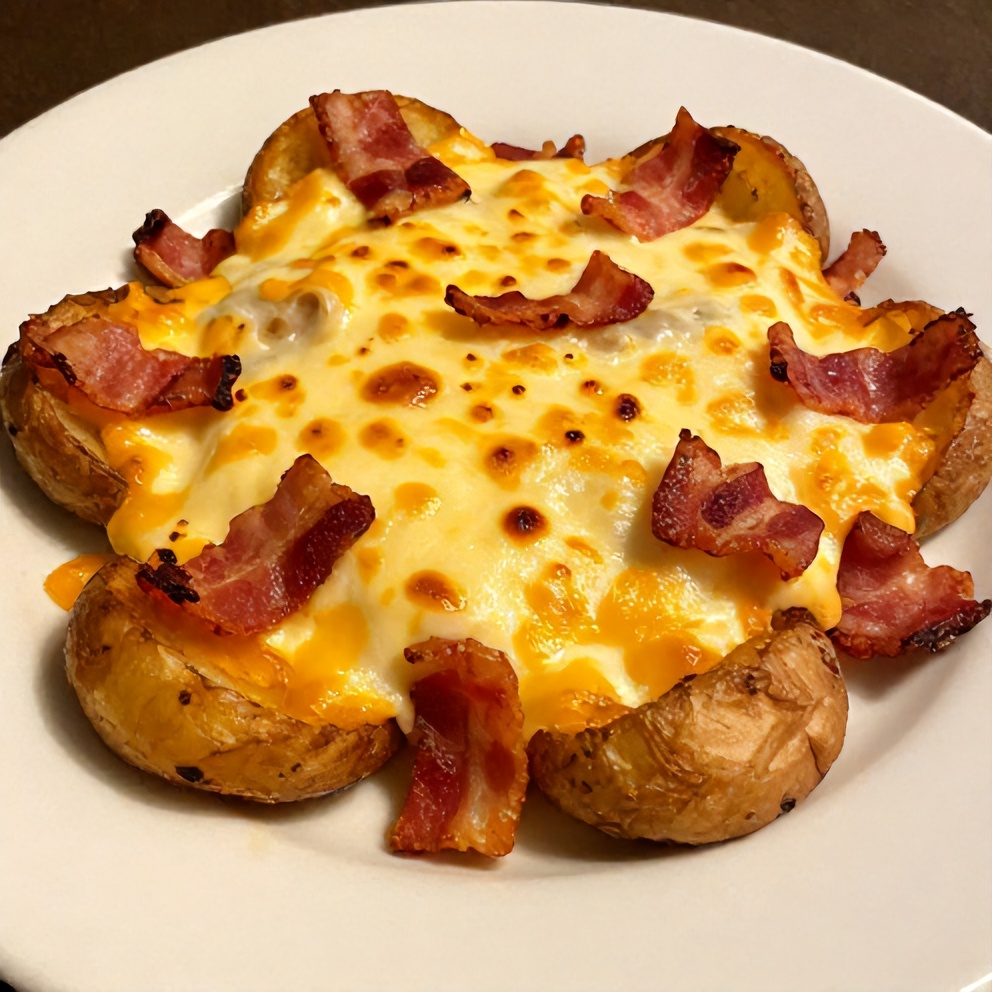 Plated serving of cheesy bacon potato skins