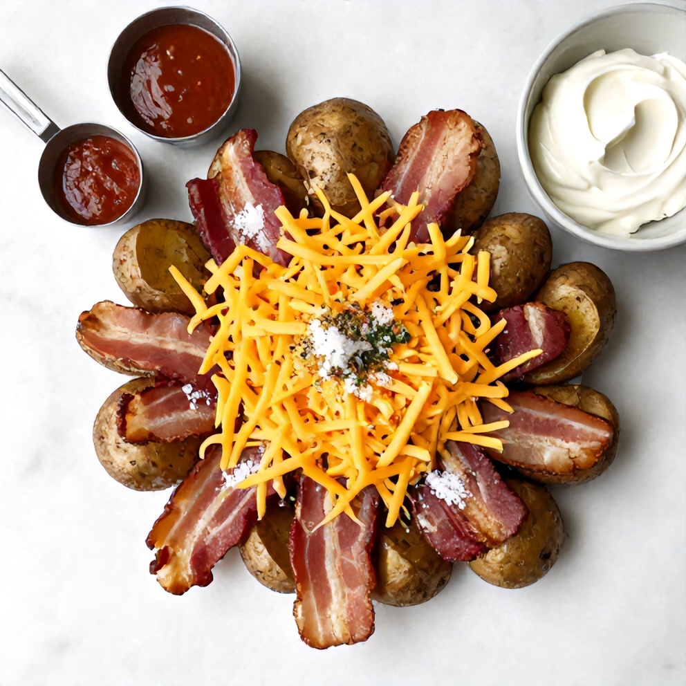 Raw ingredients for cheesy bacon potato skins