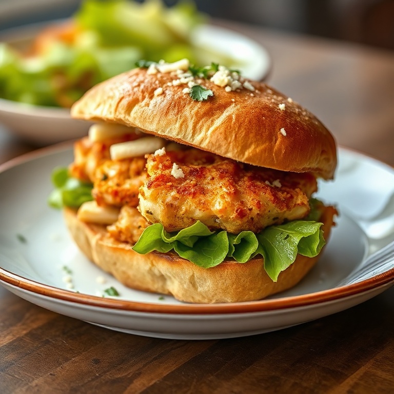 Perfectly plated Crispy Chicken Caesar Sandwich with garnish
