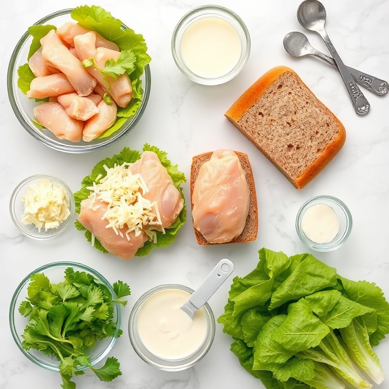 Raw ingredients for Chicken Caesar Sandwich arranged in a flat lay