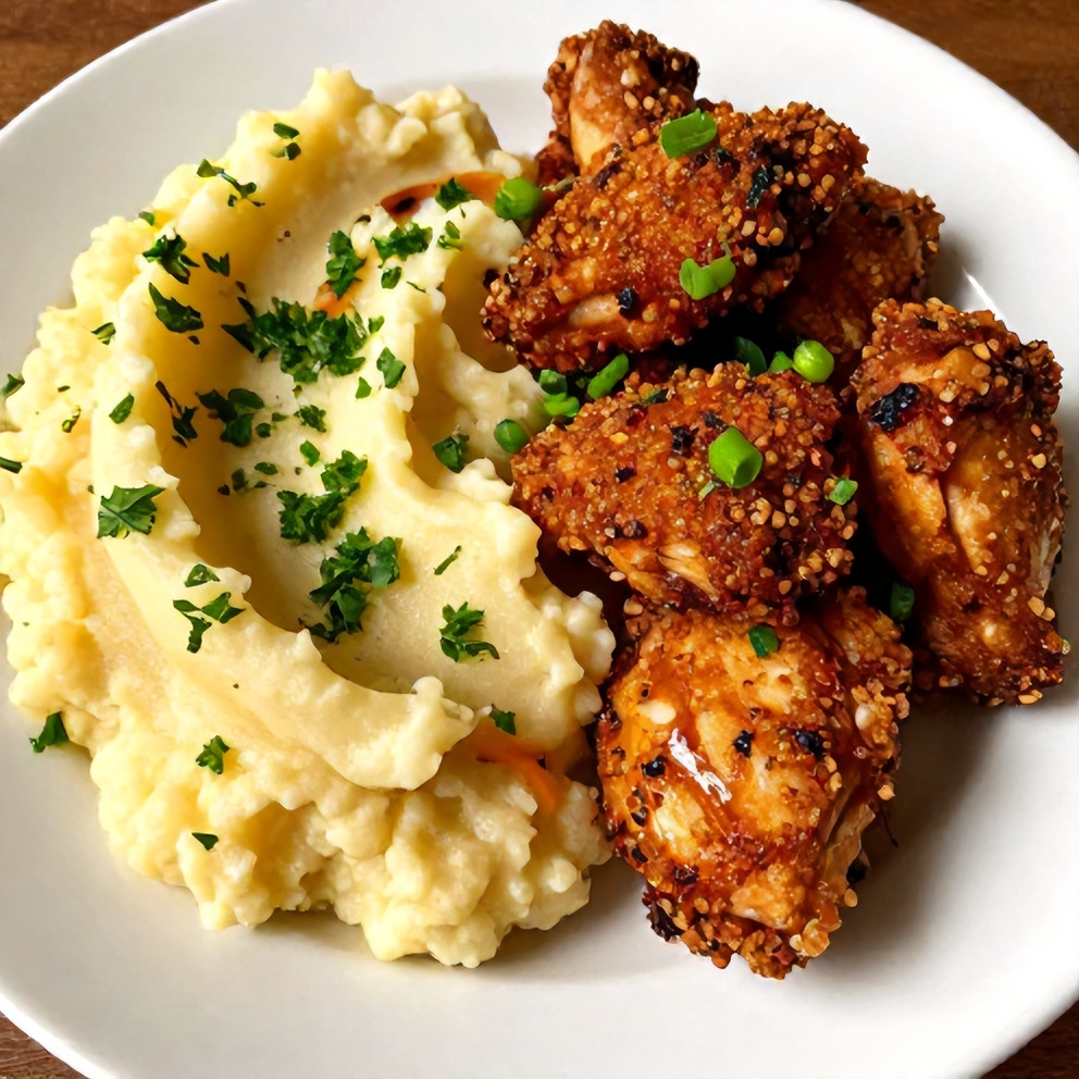 Plated serving of Crispy Chipotle Honey Chicken with Smoked Gouda Mashed Potatoes