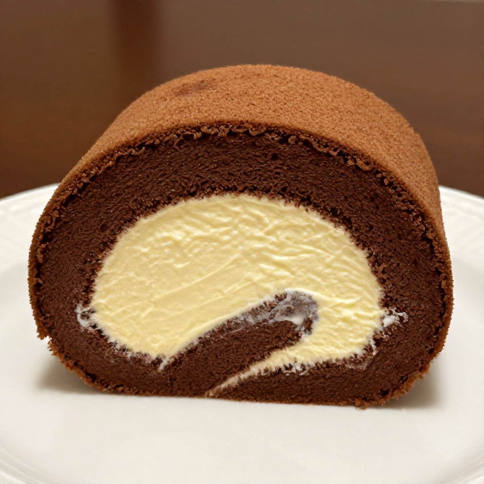 Close-up of a chocolate roll with vanilla filling