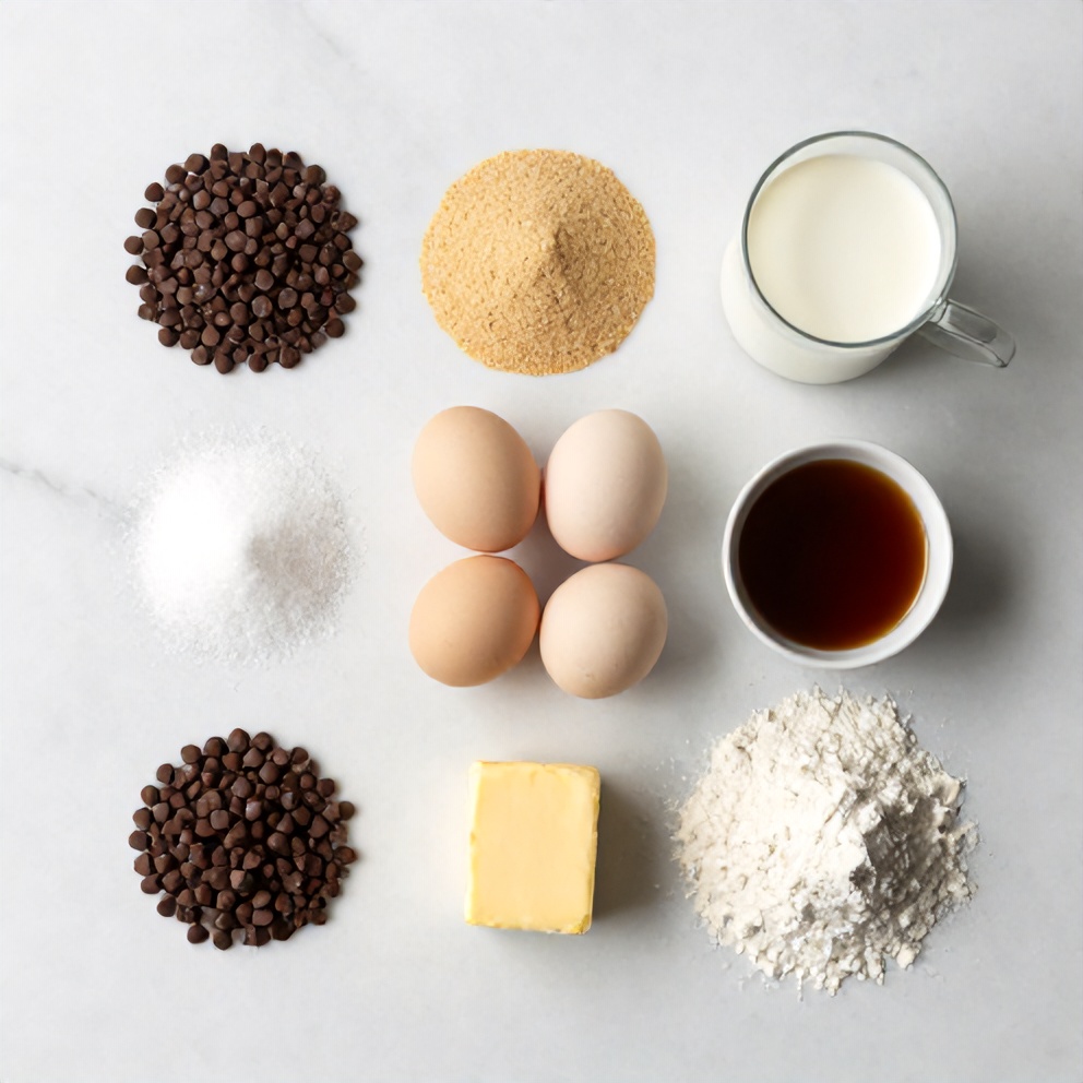 Raw ingredients for chocolate rolls on a marble surface