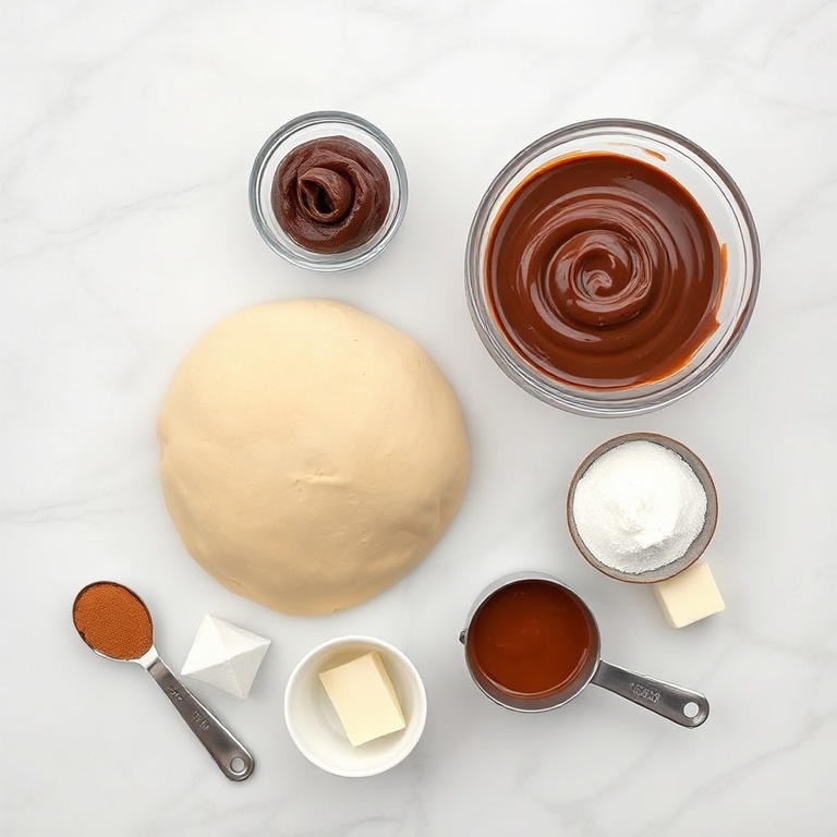Raw churro dough, Nutella, sugar, cinnamon, and butter for a flat lay