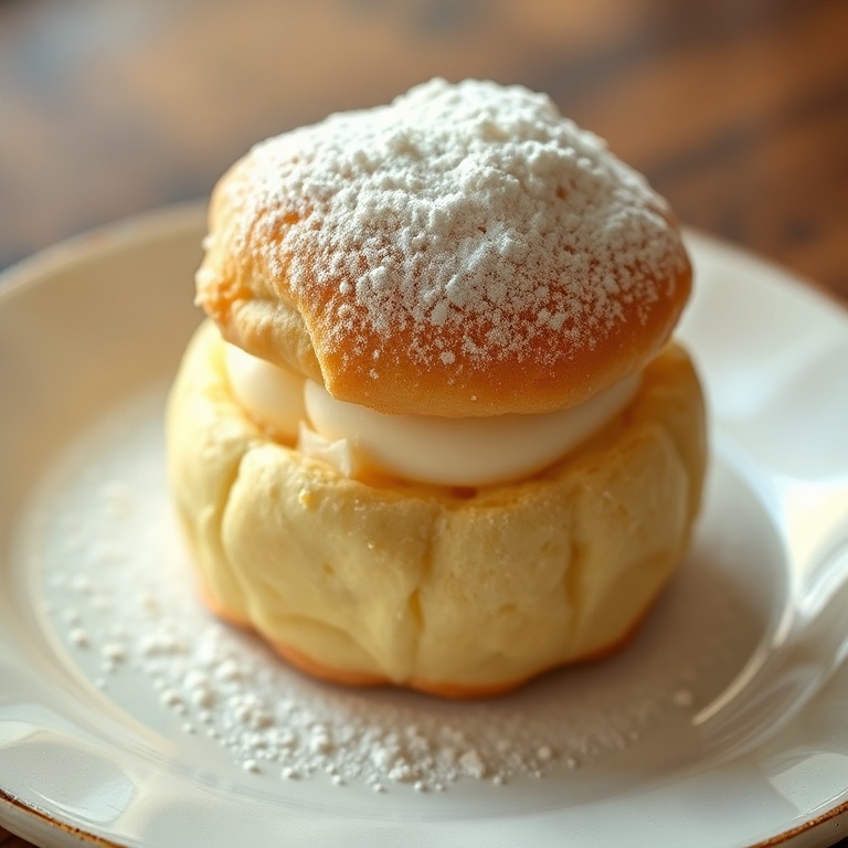 A single cream puff topped with a dusting of powdered sugar, placed on a ceramic plate