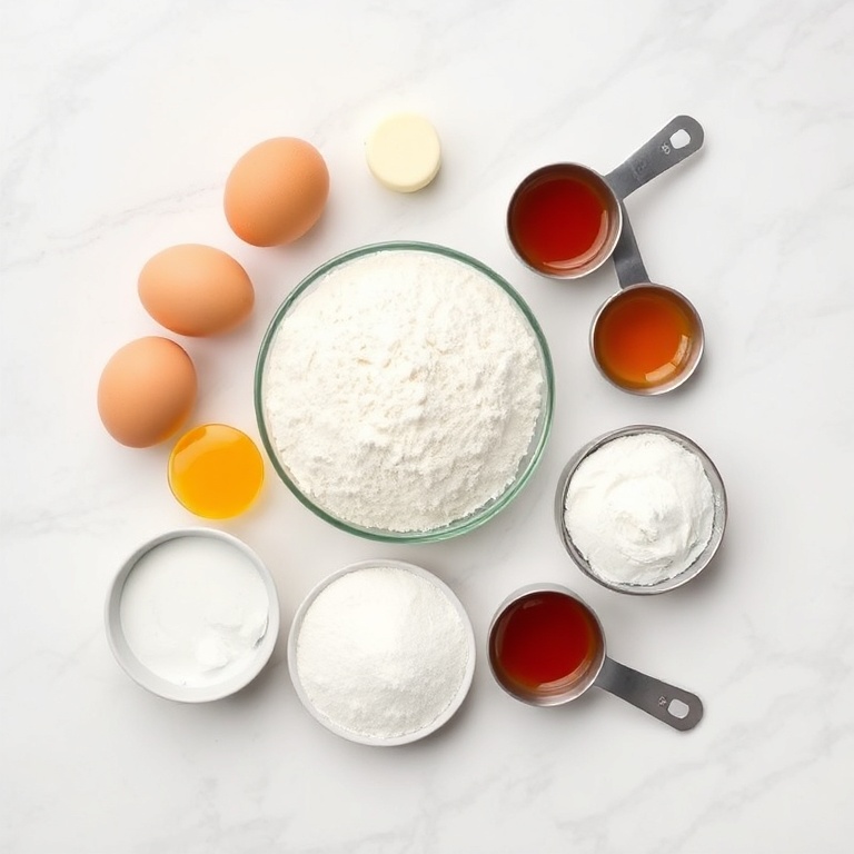 Fresh eggs, flour, sugar, butter, and vanilla extract arranged in a flat lay on white marble, with measuring cups and spoons nearby