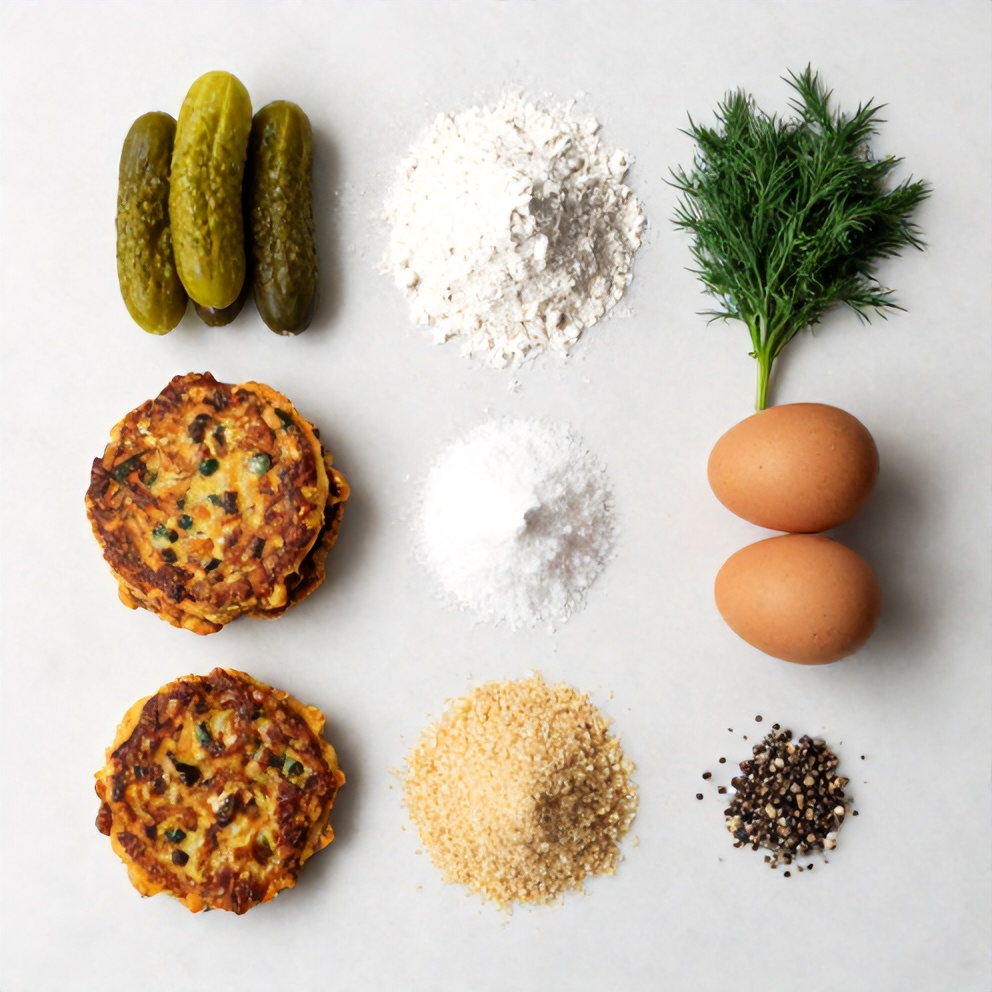 Ingredients for dill pickle fritters: pickles, flour, eggs, breadcrumbs, dill, garlic, onion powder, salt, and pepper