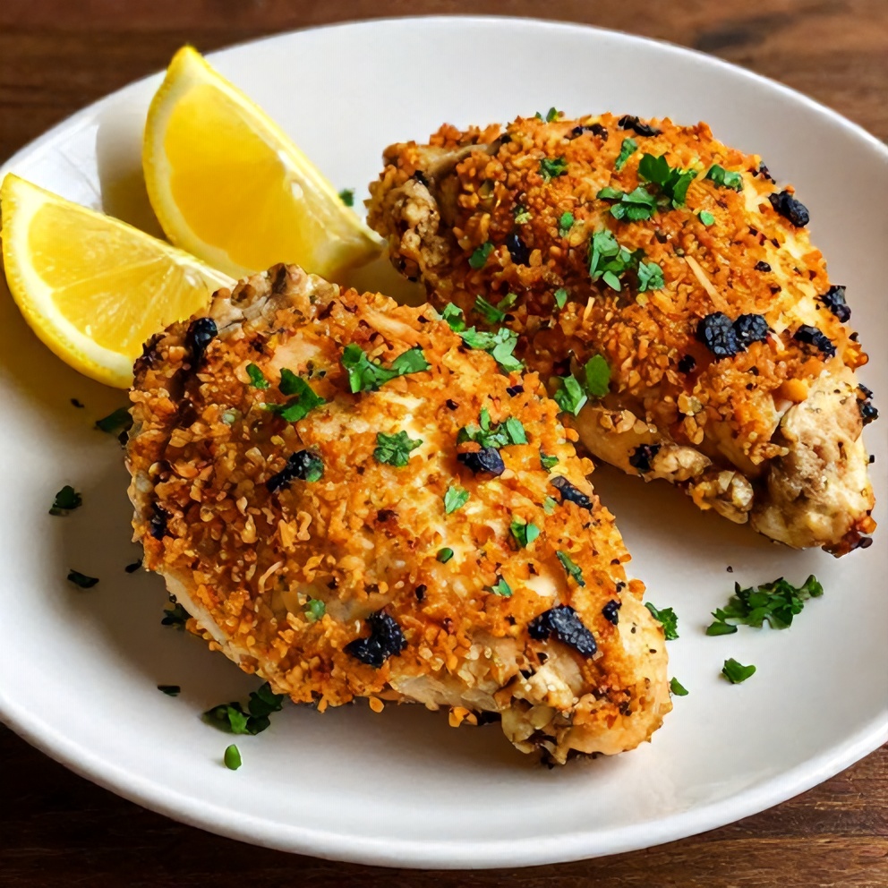Plated serving of Crispy Dill Pickle Parmesan Chicken