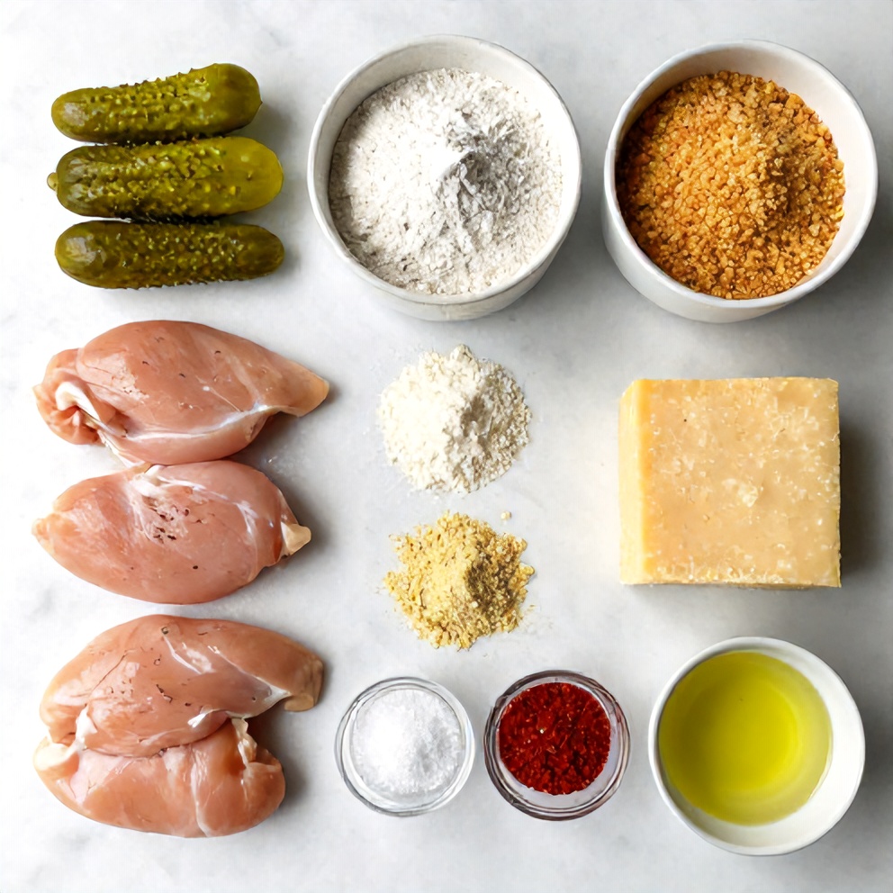 Raw ingredients for Crispy Dill Pickle Parmesan Chicken