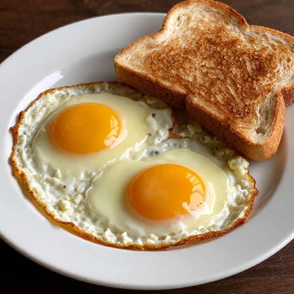 Plated crispy feta fried eggs with a side of toast