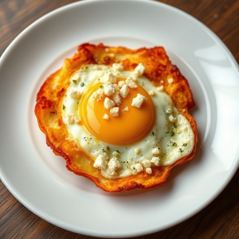 Perfect plated serving of Crispy Feta Fried Eggs. Feta cheese on top, a runny yolk, and crispy edges. White porcelain plate. Warm side lighting showing texture. Photorealistic food photography.