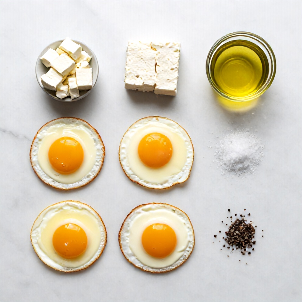 Raw ingredients for crispy feta fried eggs: eggs, feta, olive oil, salt, pepper