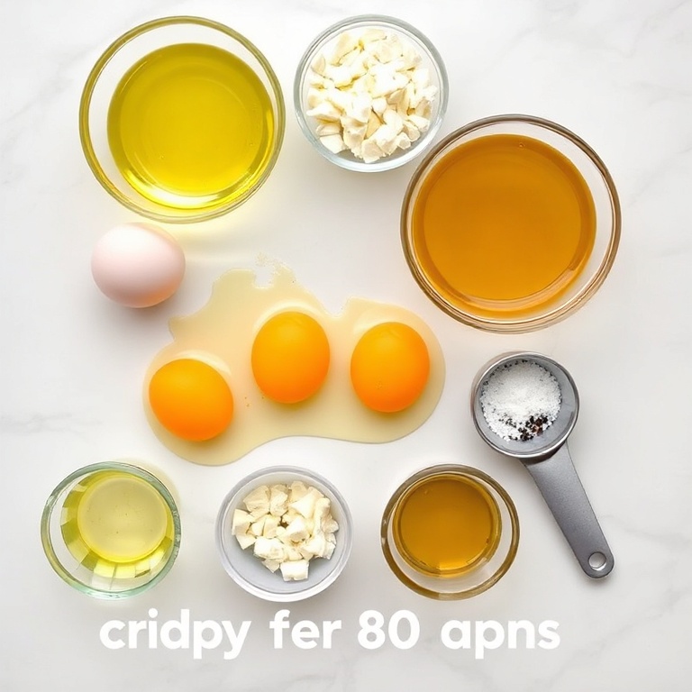 Raw ingredients for Crispy Feta Fried Eggs. Eggs, feta cheese, olive oil, salt, and pepper arranged in an overhead flat lay. Prep bowls and measuring tools visible. White marble surface. Bright even natural light.
