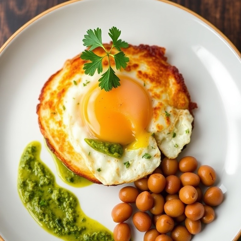 A perfectly plated Crispy Fried Egg with Parsley Pesto and Beans. The egg is on a white ceramic plate. The pesto is spread on the plate and the beans are on the side. A small amount of fresh parsley is on top. The image focuses on the texture and colors of the dish.
