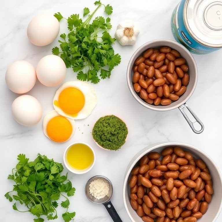 A flat lay of the ingredients for Crispy Fried Egg with Parsley Pesto and Beans. The main items are fresh eggs, green parsley, fresh garlic, olive oil, and canned beans. Measuring spoons and bowls are near the ingredients. The setup is on a white marble surface with bright even light.