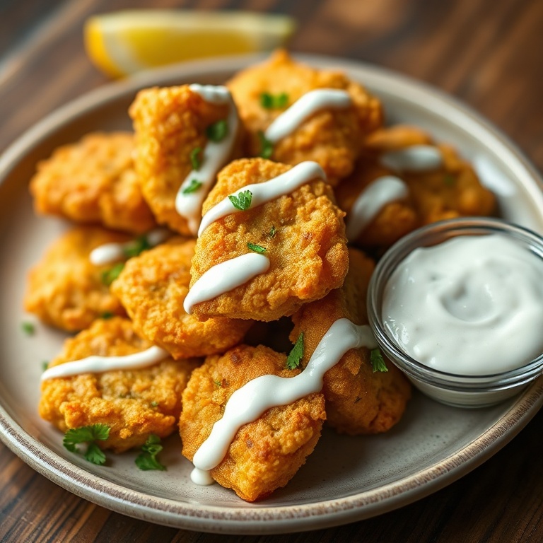 Crispy Fried Pickles With Ranch. Served on a plate with a drizzle of ranch and fresh herbs.