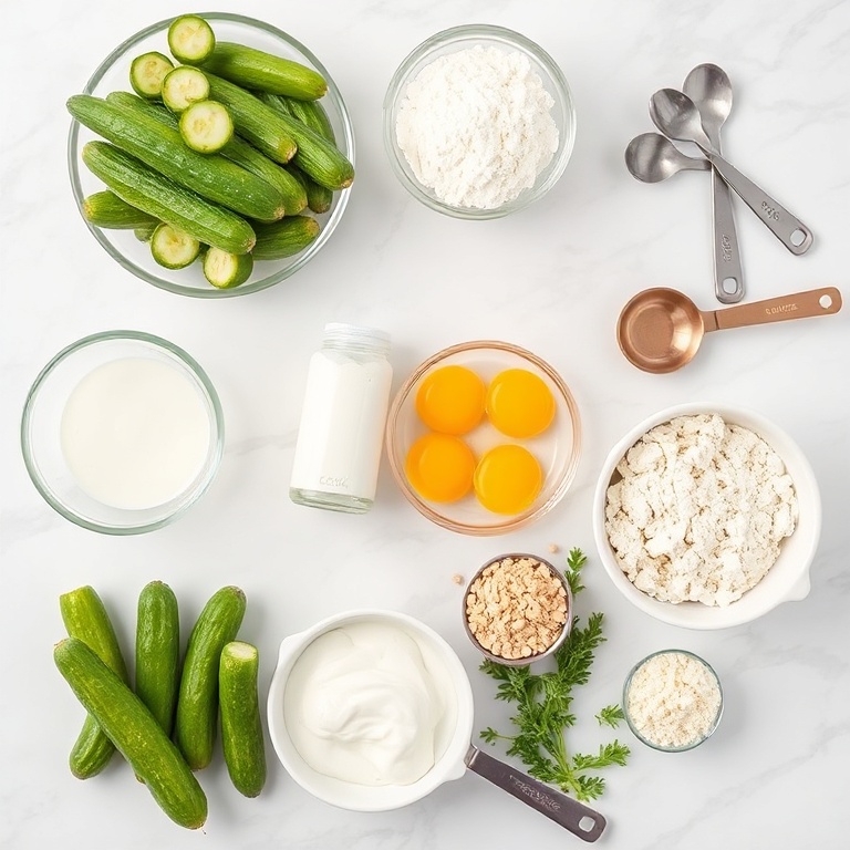 Fried pickles ingredients. Cucumbers, flour, eggs, breadcrumbs, and ranch dressing in a flat lay.