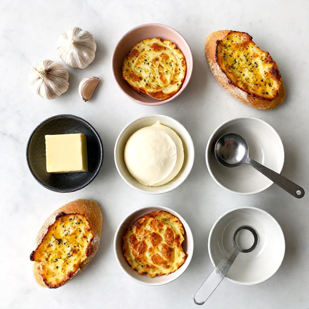 Bread, garlic, butter, cheese, and other ingredients for garlic bread grilled cheese