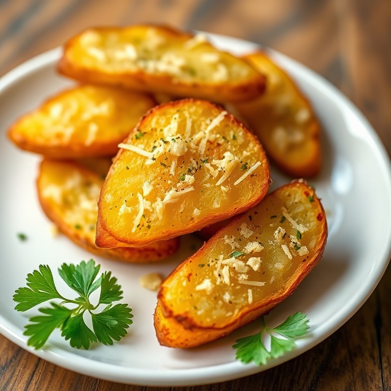 Crispy Garlic Parmesan Baked Potato Wedges. Served on a white plate with fresh herbs.