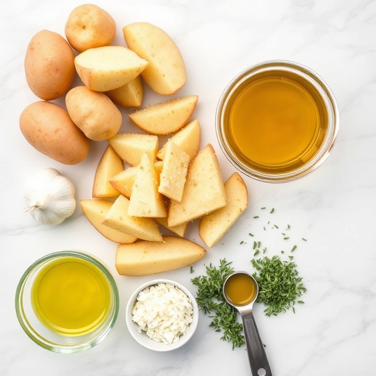 Raw ingredients for Crispy Garlic Parmesan Baked Potato Wedges. Potatoes, garlic, Parmesan, olive oil, and herbs.