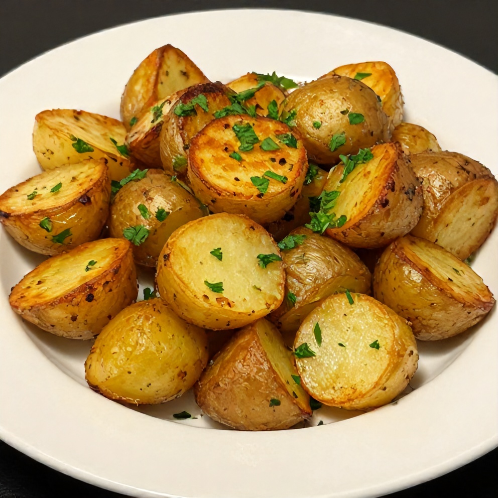 Plated serving of Crispy Greek Lemon Potatoes with fresh parsley garnish