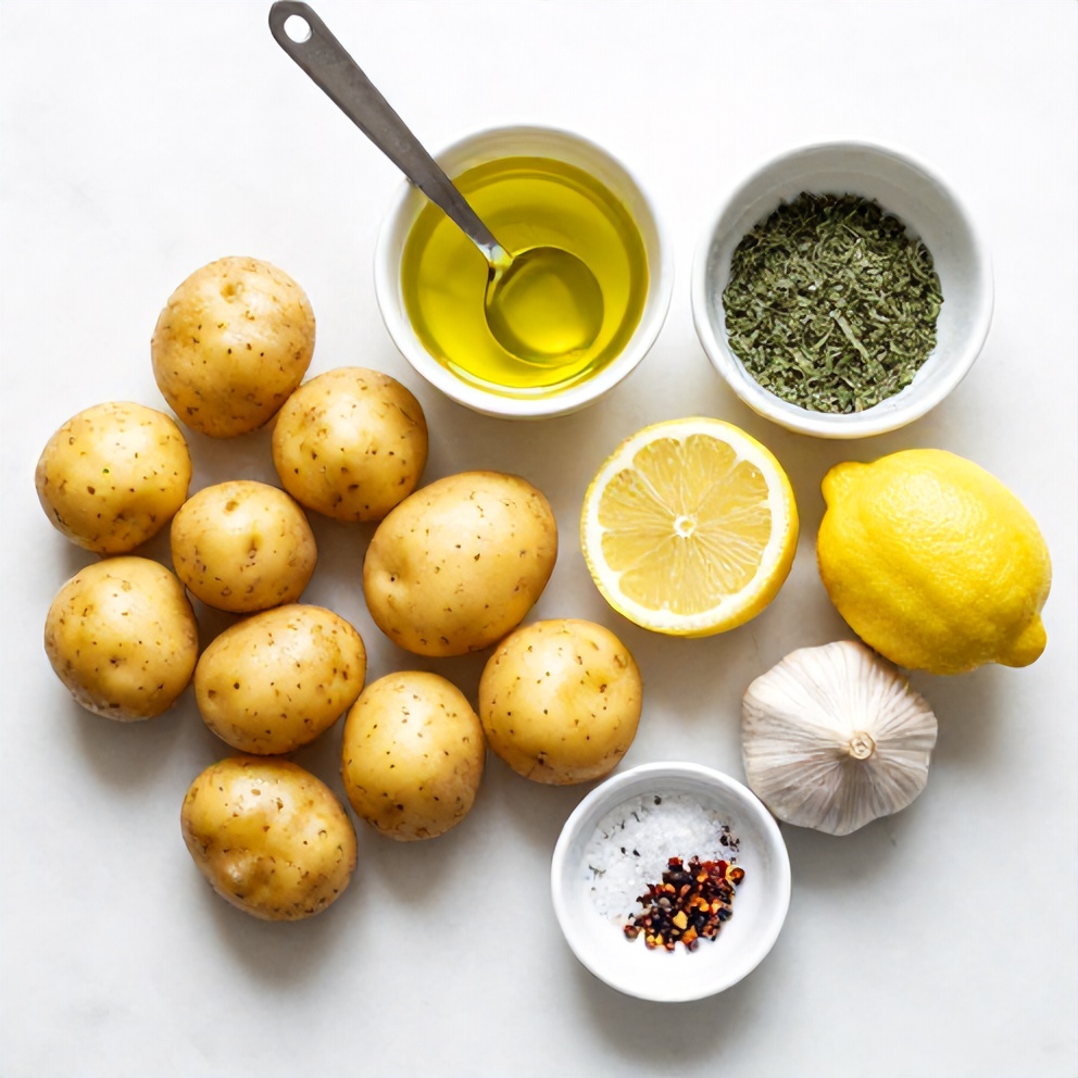 Raw ingredients for Greek Lemon Potatoes including potatoes, olive oil, lemon, garlic, and herbs