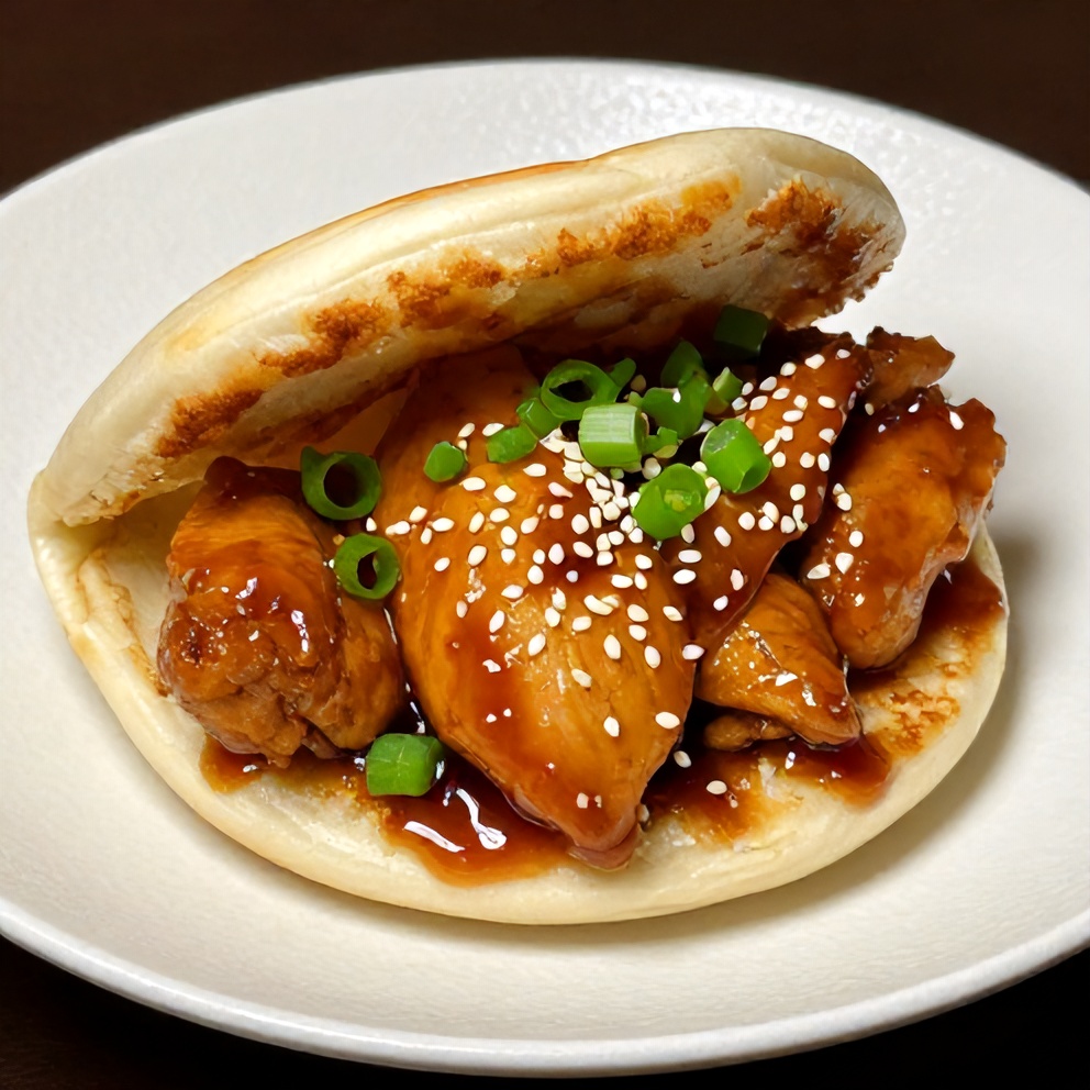 Close-up of a Honey Garlic Chicken Bao Bun on a white plate