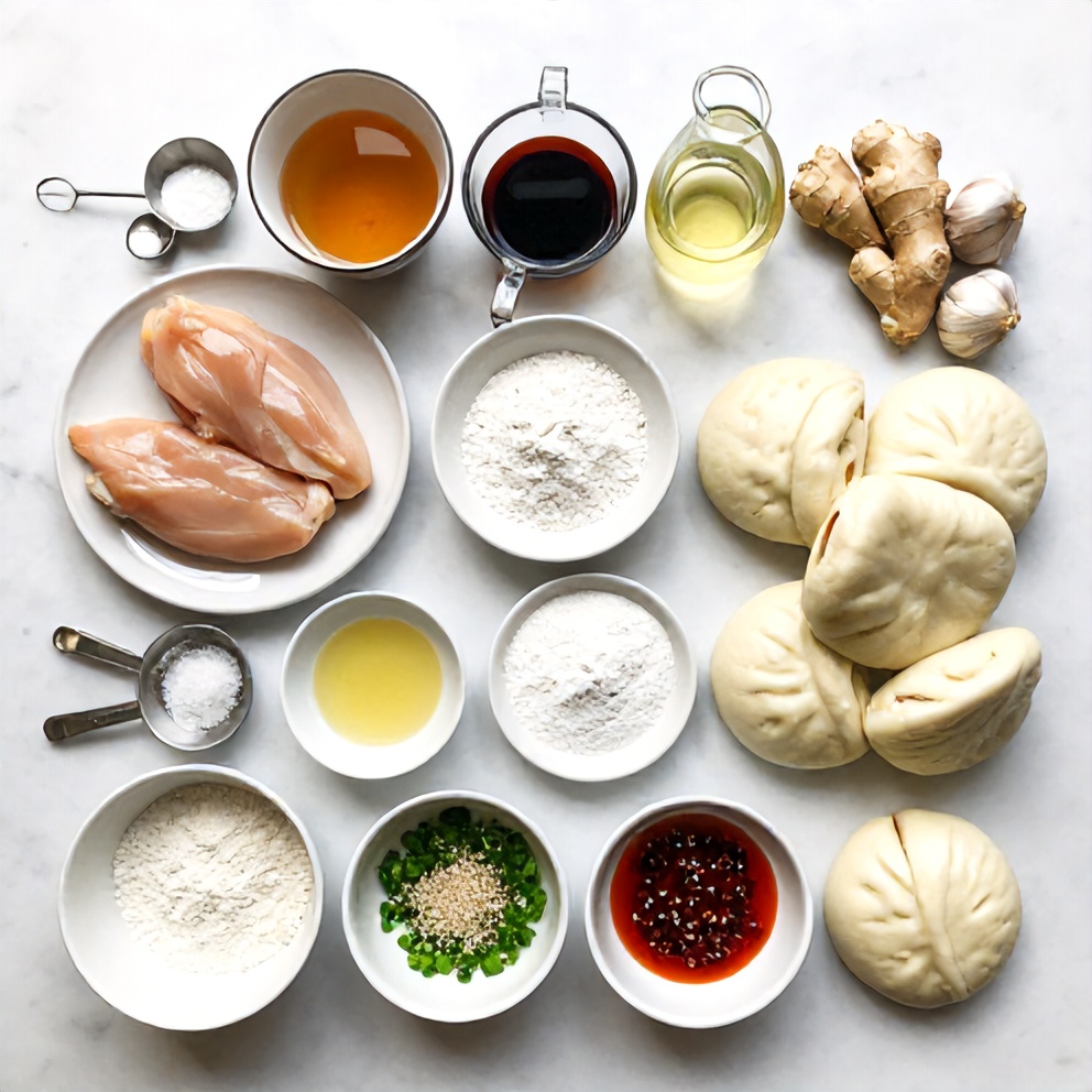 Raw ingredients for Honey Garlic Chicken Bao Buns on a marble surface