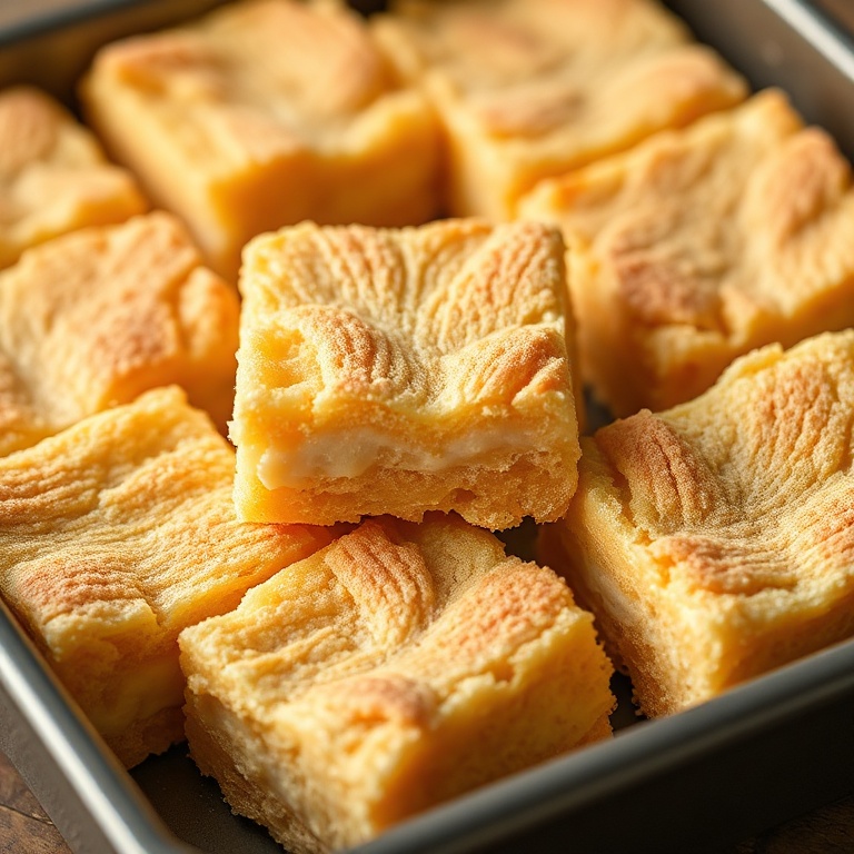 Crispy Honeycomb Marshmallow Bars in a square pan with golden texture and honey flavor. Close crop showing layers. Warm side lighting highlighting texture.
