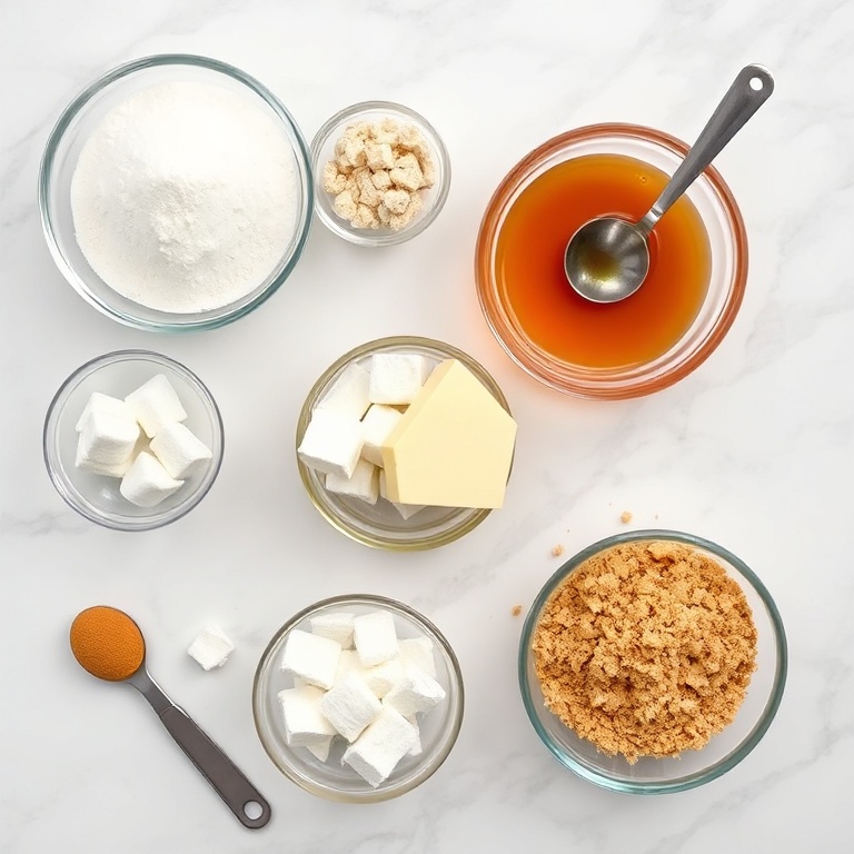 All raw ingredients for Crispy Honeycomb Marshmallow Bars arranged in an overhead flat lay. Sugar, marshmallows, honey, butter, and graham crackers visible. White marble surface with measuring spoons and cups.