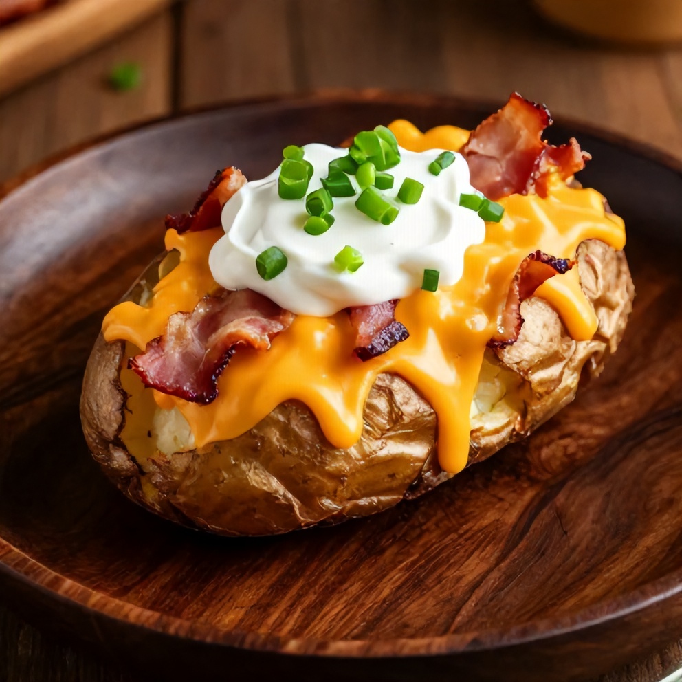 Plated Crispy Loaded Baked Potatoes