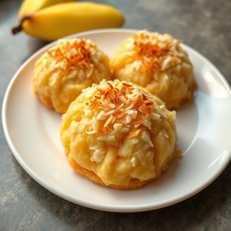 Crispy Mango Sticky Rice Cookies on a white plate. Toasted coconut topping and golden edges visible.