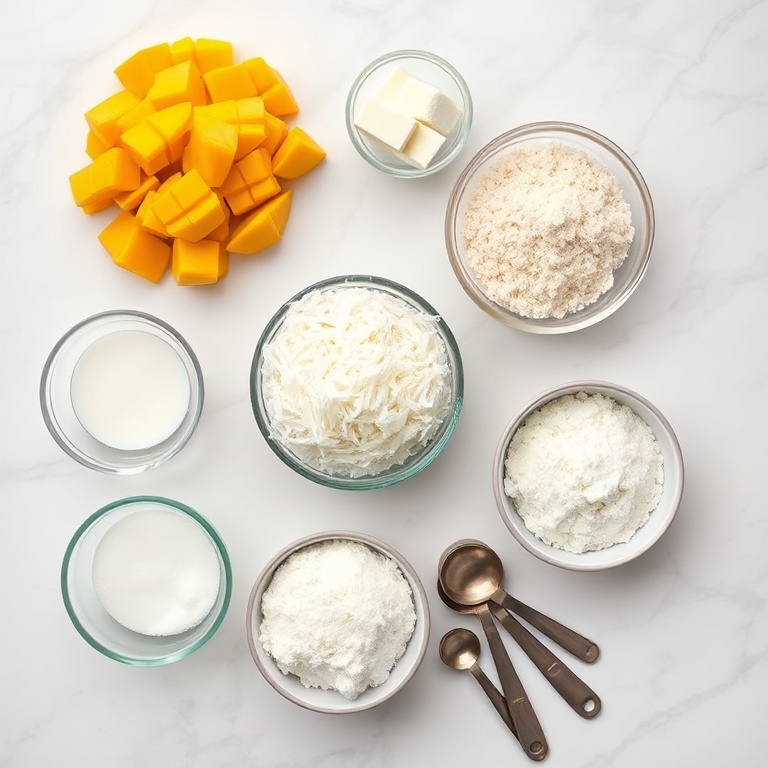 Raw ingredients for Crispy Mango Sticky Rice Cookies. Mashed mango, sticky rice flour, shredded coconut, sugar, and butter in a flat lay.