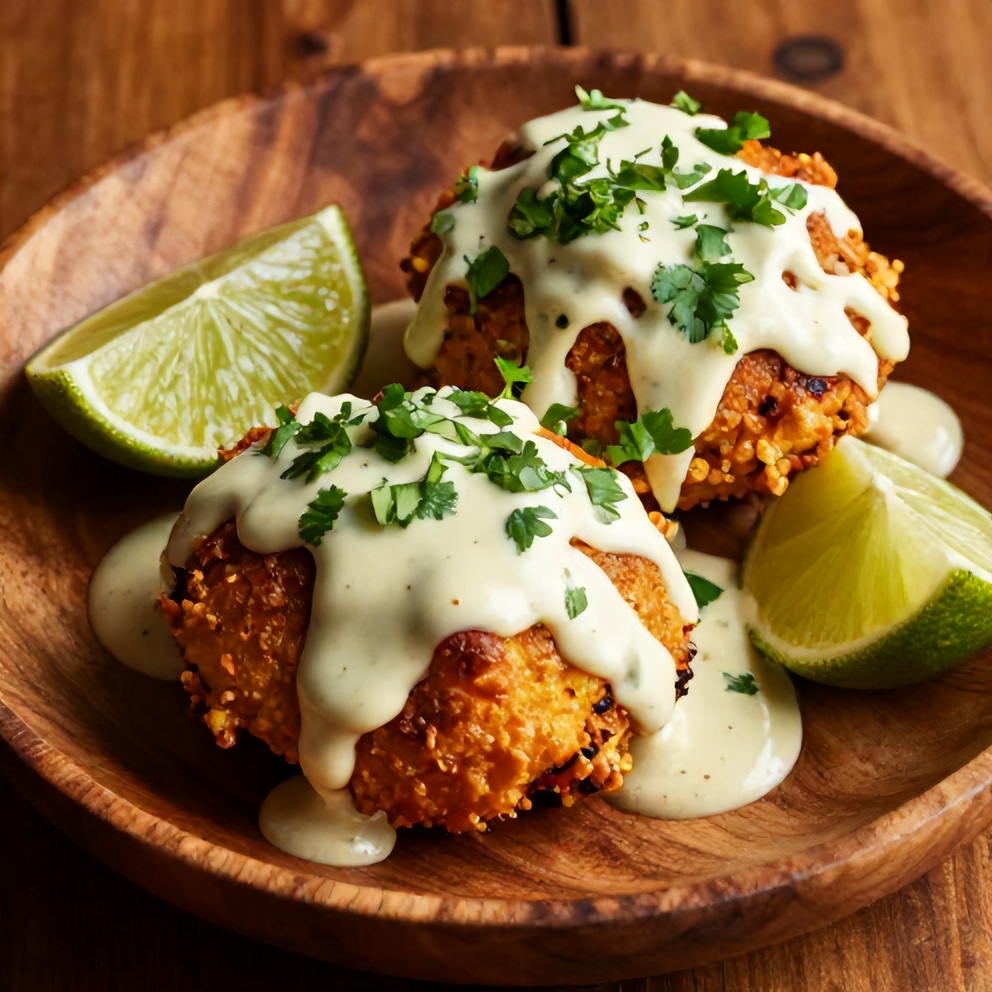 Plated Mexican Street Corn Fritters with Spicy Lime Sauce