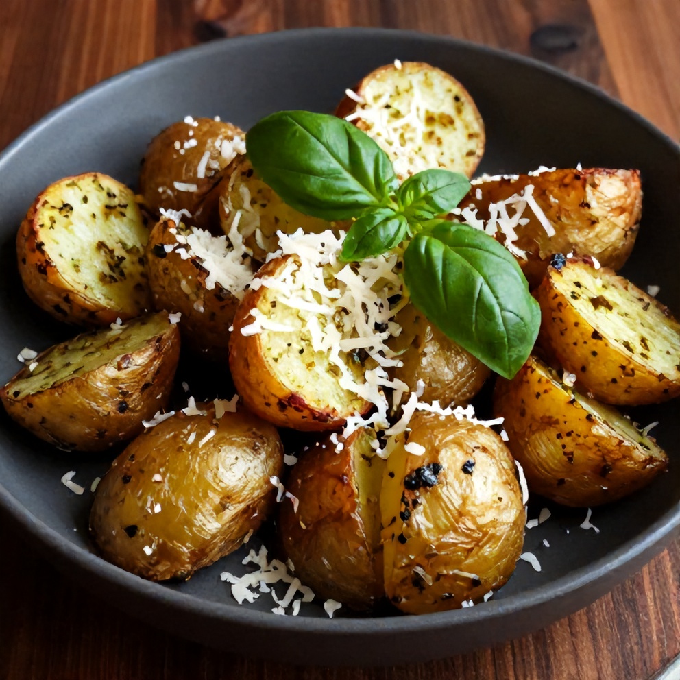 Plated serving of Crispy Parmesan Pesto Roasted Potatoes