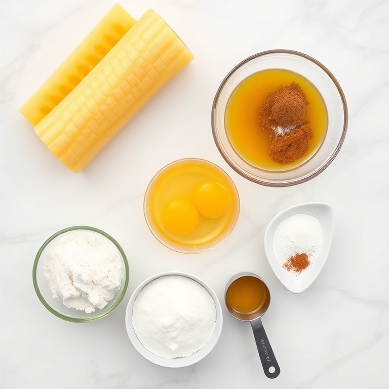 Overhead flat lay of raw ingredients for Crispy Pineapple Fritters. Pineapple, flour, eggs, sugar, and cinnamon. Prep bowls and measuring spoons visible. White marble surface. Bright even light. Photorealistic overhead food photography. No text. No watermark.