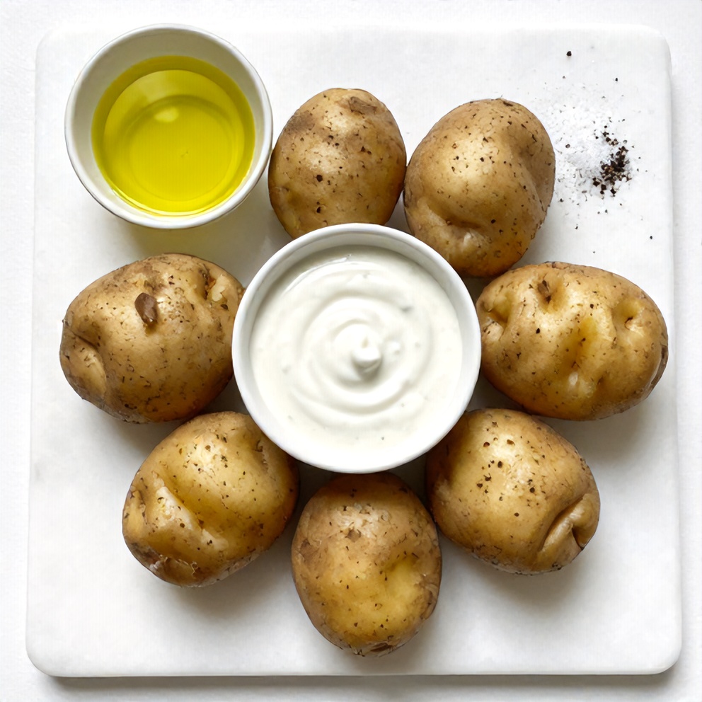Ranch dressing, potatoes, olive oil, salt, and pepper arranged on a wooden board