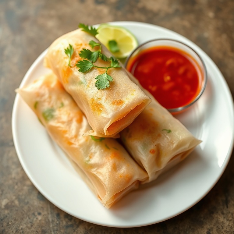 Crispy Rice Paper Spring Rolls served on a white plate with a side of spicy sauce, garnished with cilantro and lime.