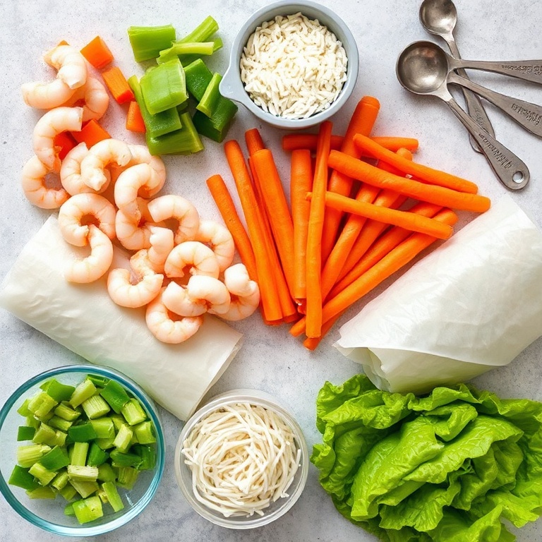 Raw ingredients for crispy rice paper spring rolls: shrimp, bell peppers, carrots, rice paper, lettuce, and bean sprouts arranged in a flat lay with measuring tools.