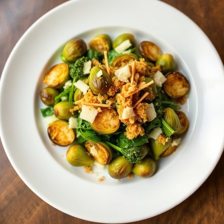 Perfect plated serving of Roasted Brussels Sprouts Caesar Salad. Garnished with Parmesan and crispy breadcrumbs. White porcelain plate. Warm side lighting shows texture.