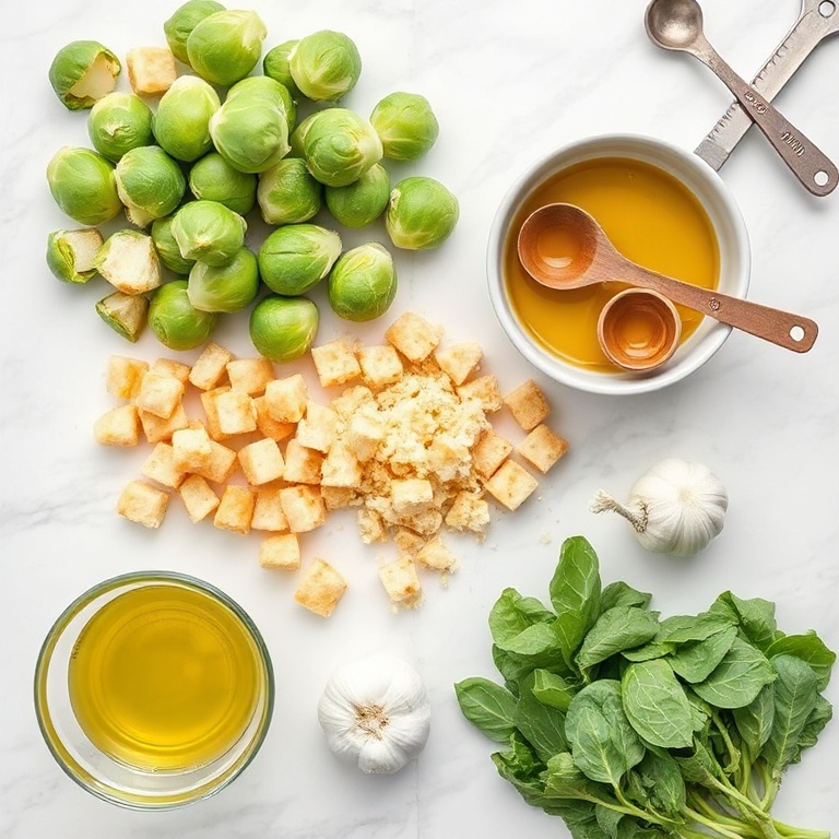 Overhead flat lay of Brussels sprouts, croutons, Parmesan, olive oil, and garlic. Measuring spoons and bowls visible. White marble surface. Bright even light.