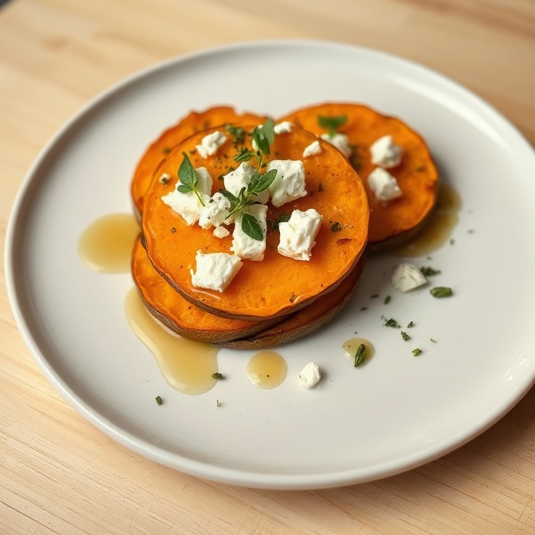 One serving of sweet potato rounds on a white plate, topped with feta, honey, and fresh thyme, shot close up with warm light.