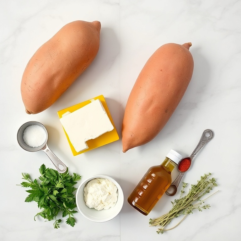 Whole sweet potatoes, block of feta, bottle of honey, olive oil, fresh thyme, arranged on marble with prep bowls and spoons.