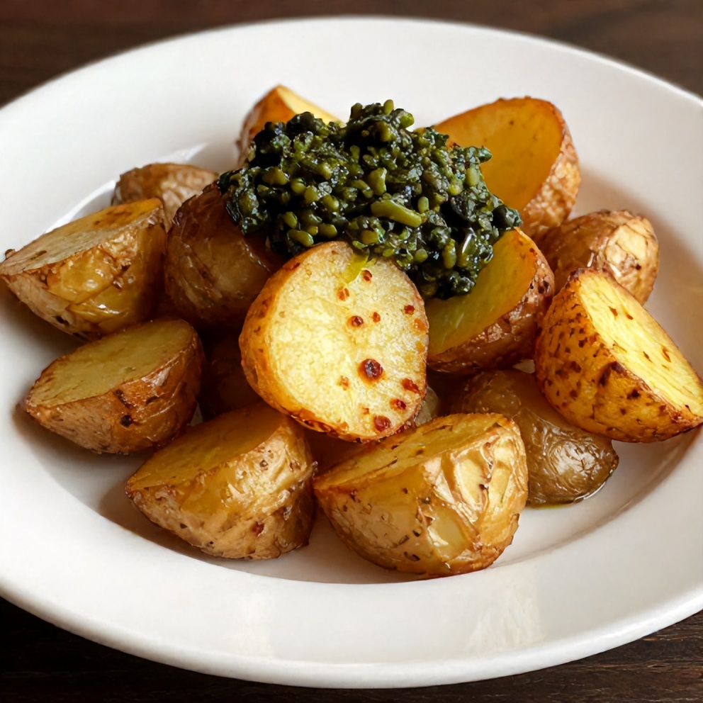 Crispy smashed potatoes with olive tapenade