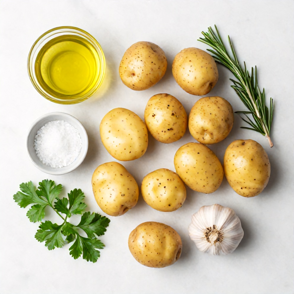 Ingredients for crispy smashed potatoes with olive tapenade