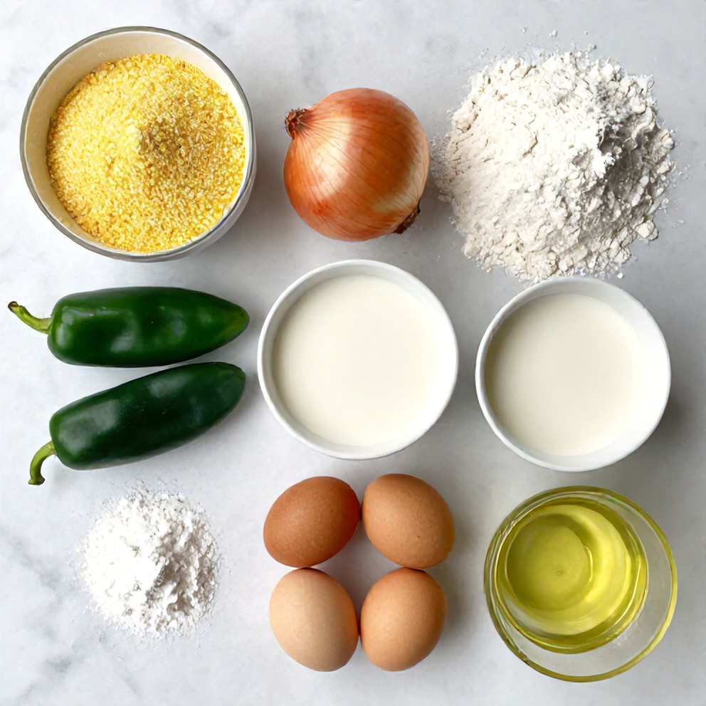 Raw ingredients for Hushpuppies on a marble surface