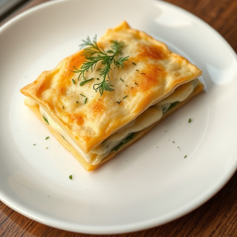 Crispy Spanakopita on a white plate. A sprinkle of dill on top. Warm side lighting highlights texture.