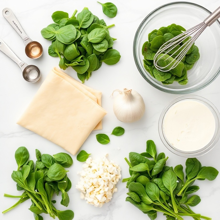 Fresh spinach, phyllo dough, onion, garlic, feta cheese, and dill arranged as an overhead flat lay. Measuring spoons, a mixing bowl, and a whisk visible.